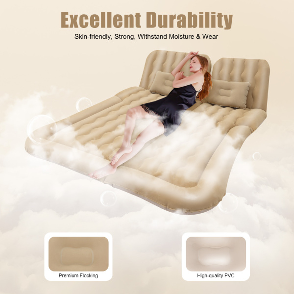 OUKANING Car Air Mattress SUV Truck Bed Air Mattress with Air Pump & Pillow,Storage Bag,Inflatable Flocking Air Mattresses for Camping,Travel (Beige)