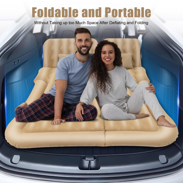 OUKANING Car Air Mattress SUV Truck Bed Air Mattress with Air Pump & Pillow,Storage Bag,Inflatable Flocking Air Mattresses for Camping,Travel (Beige)