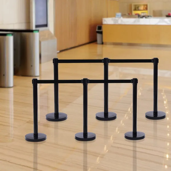 6 Packs Black Stanchion Post with 6.5 Foot Retractable Belt 35in Crowd Control Stanchion Heavy Duty Stanchion Pole Sign Rope