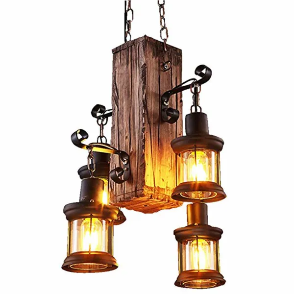 Oukaning Vintage Industrial Wooden Hanging Pendant Light, 4 Lights Chandelier
