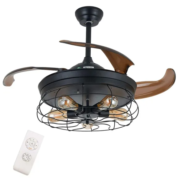 42 Inch Retro Industrial Ceiling Fan with Light and Remote Control Kit, Black Caged Design