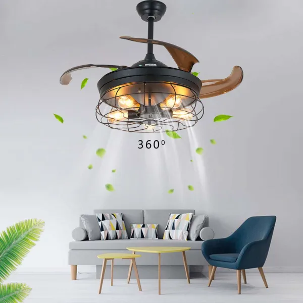 42 Inch Retro Industrial Ceiling Fan with Light and Remote Control Kit, Black Caged Design