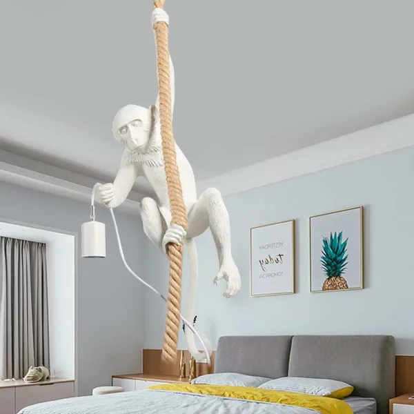 Monkey Chandelier on White Vintage Hemp Rope Monkey Pendant Light