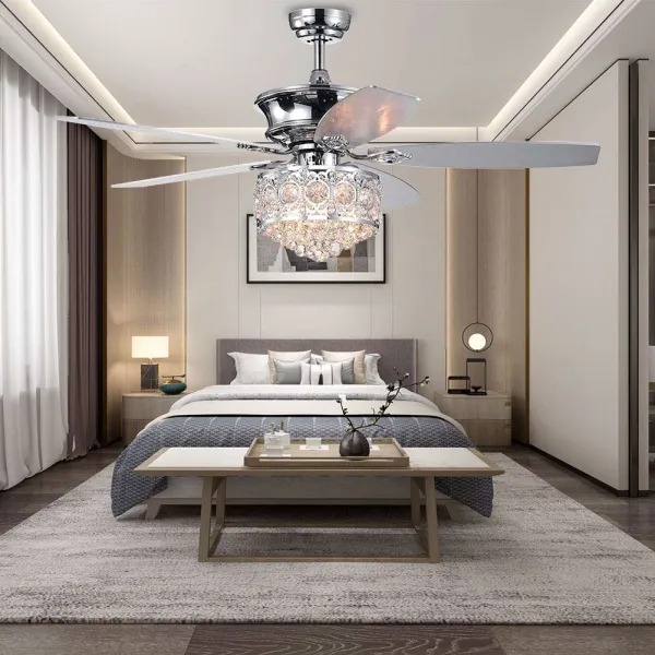 52 inch Crystal Ceiling Fan Chandelier Light with Remote Control 3 speeds 5 Reversible Blades For Home Bedroom Decoration Living Room ,Tropicalfan
