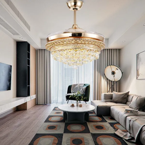 Crystal 42 inch Ceiling Fans with Lights and Remote Retractable Chandelier Fan