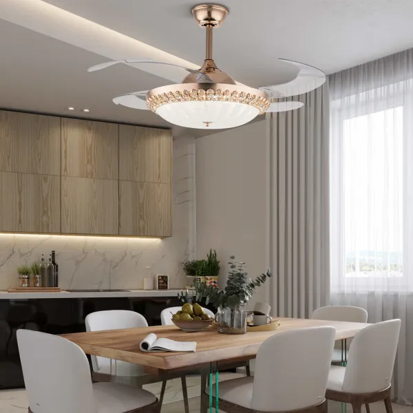 Modern Ceiling Fan Light with Remote Control, Dimmable LED Chandelier with Retractable Invisible Blades