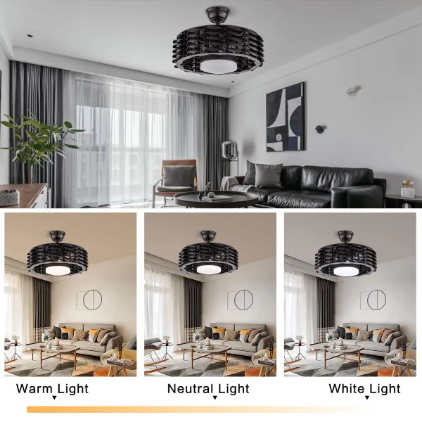 22 Inch Bladeless Ceiling Fan with LED Light, Remote Control 3 Colors, Creative Design Black Ceiling Fan Chandelier