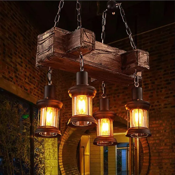 Ceiling Light Industrial Vintage Wooden Pendant Light 4 Lights Retro Loft Lantern Chandelier