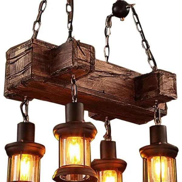 Ceiling Light Industrial Vintage Wooden Pendant Light 4 Lights Retro Loft Lantern Chandelier