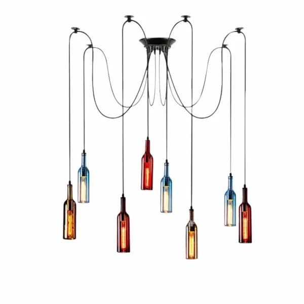 8 Heads Glass Bottle Chandelier, Industrial Ceiling Light Color Beer Bottle Retro Pendant Lamp