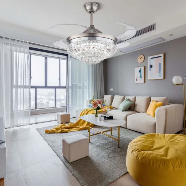 Modern Crystal Ceiling Fan Light with 3 Colors Lighting Dimmable Remote Chandelier Fixture Retractable Invisible Blades
