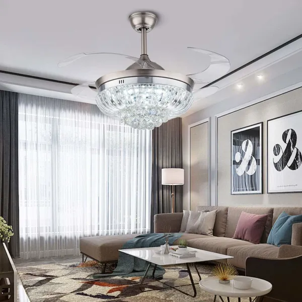 Modern Crystal Ceiling Fan Light with 3 Colors Lighting Dimmable Remote Chandelier Fixture Retractable Invisible Blades