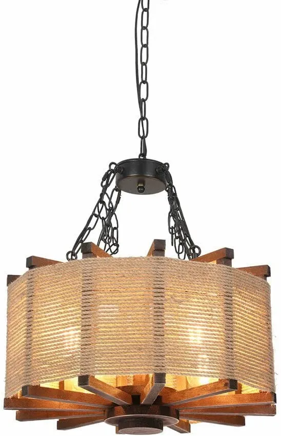 Wooden Rustic Pendant Light Fixture Retro Industrial Chandelier 4 Heads E26