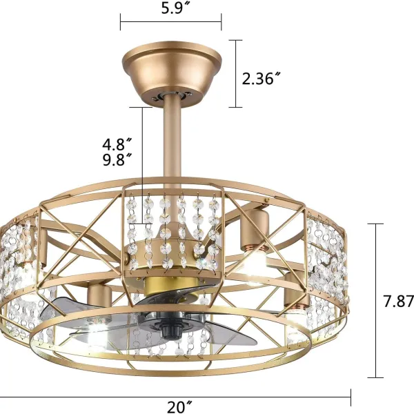 20 Inch Enclosed Ceiling Fan with Lights, Crystal Industrial 3-Speed Timing Ceiling Fan Lights with Remote Low Profile