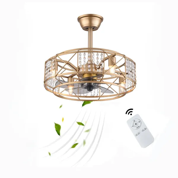 20 Inch Enclosed Ceiling Fan with Lights, Crystal Industrial 3-Speed Timing Ceiling Fan Lights with Remote Low Profile