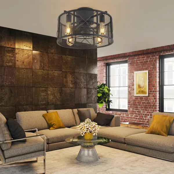 Black Caged Ceiling Fan with Lights 18'' Industrial Bladeless Ceiling Fan with Remote Control Enclosed Ceiling Fan Chandelier