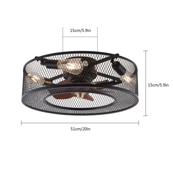 20'' Modern Caged Ceiling Fan with Light and Remote Control 3 Speed Wind,  Black 7 Blade Metal LampshadeIndustrial Ceiling Fan Lights