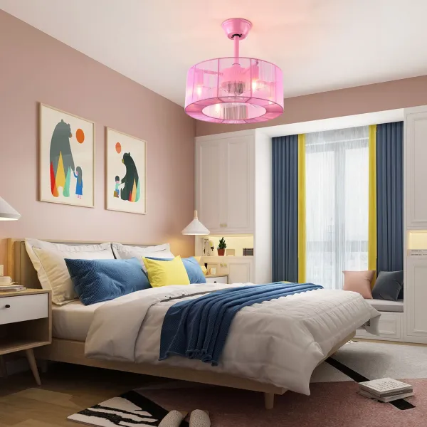 18” Industrial Caged Ceiling Fan with Lights Remote Control Pink Wire Shade Fandalier Ceiling Fan Light Enclosed Ceiling Fan