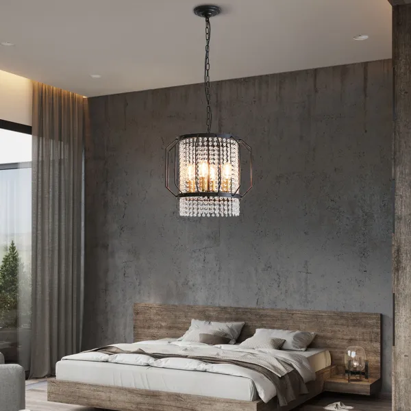 Dining Room Light Fixture Ceiling Light Fixture,Lndustrial Farmhouse Chandelier Black Metal Crystal Pendant Light
