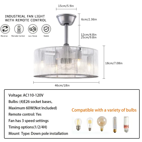 18'' Farmhouse Silver Ceiling Fan with Light Indoor Modern Enclosed Bladeless Ceiling Fan Lighting Fixture for Kitchen Living Room Bedroom