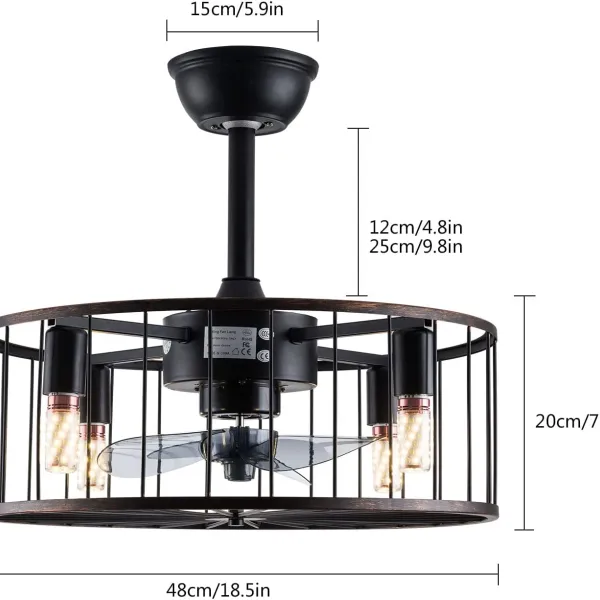 Black Caged Ceiling Fan with Lights Remote Control, 18.5” Industrial Fandaliers Ceiling Fan Chandelier Enclosed Bladeless Ceiling Fan