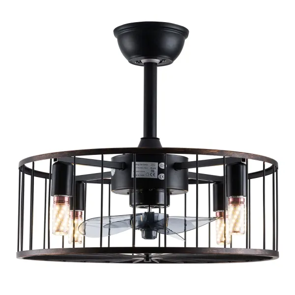 Black Caged Ceiling Fan with Lights Remote Control, 18.5” Industrial Fandaliers Ceiling Fan Chandelier Enclosed Bladeless Ceiling Fan