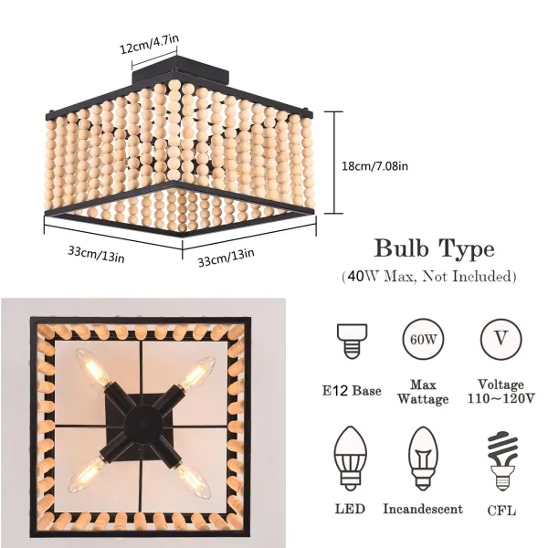 Wood Bead Chandelier Semi Flush Mount Ceiling Light Rustic 4 Lights Boho Chandelier Light Fixture Gold Pendant Light