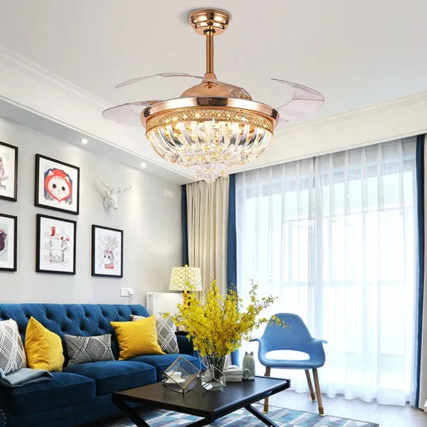 42” Crystal Ceiling Fan Fandelier with Remote Retractable Blade Light Chandelier Modern Led Lighting