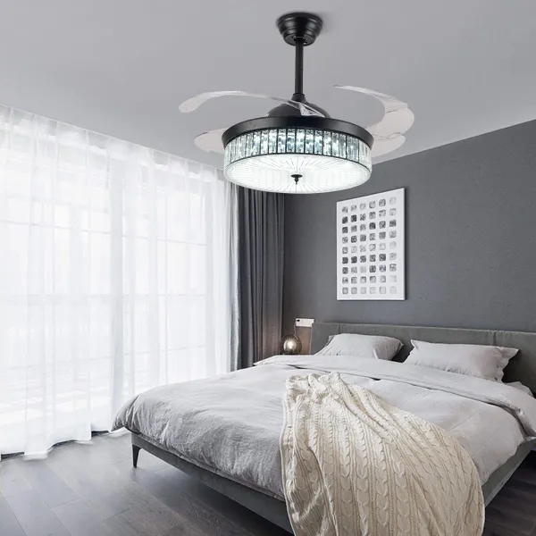 42 Inch Crystal Ceiling Fan With Light Retractable Blades LED Ceiling Fan Three Color Change Luxury Chandelier with Remote Control (black)