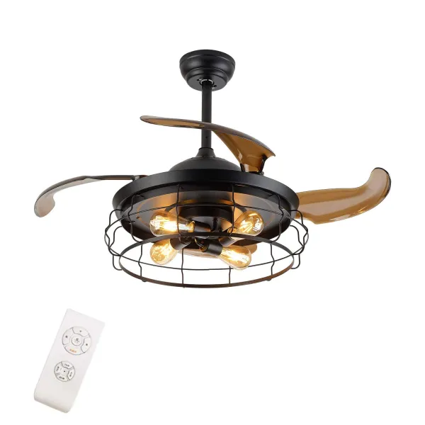 Oukaning Ceiling Fan with Light Industrial Ceiling Light Retractable Blades with remote control