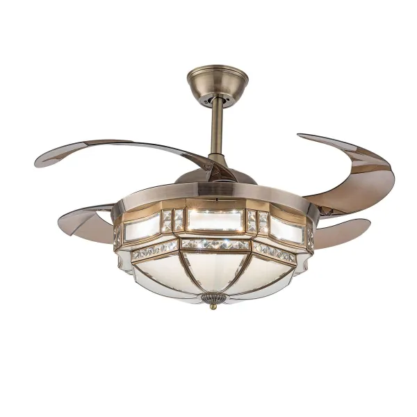 42 inch Modern Chandelier Ceiling Fan, Three Light Colors Ceiling Fan 4 Retractable Blades with Remote for Living Room Bedroom (Teacolor)
