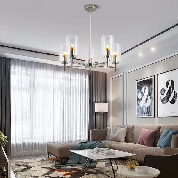 5-Light Nickel Chrome Pendant Light Fixture, Chandelier Lighting with Glass Lampshades, E26 Bulb Base