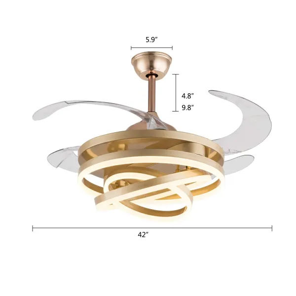 FBA下架 42 Inch Retractable Ceiling Fans with Lights and Remote, Geometric Rings Circled Hanging Light Chandelier, 3-Color LED Lamp, (Gold)