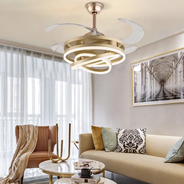 FBA下架 42 Inch Retractable Ceiling Fans with Lights and Remote, Geometric Rings Circled Hanging Light Chandelier, 3-Color LED Lamp, (Gold)