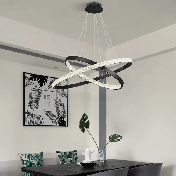 Modern Crystal Chandelier, Two-Ring LED Chandelier Island Light, with 2 Golden Rings, 3000K Suspension Chandelier