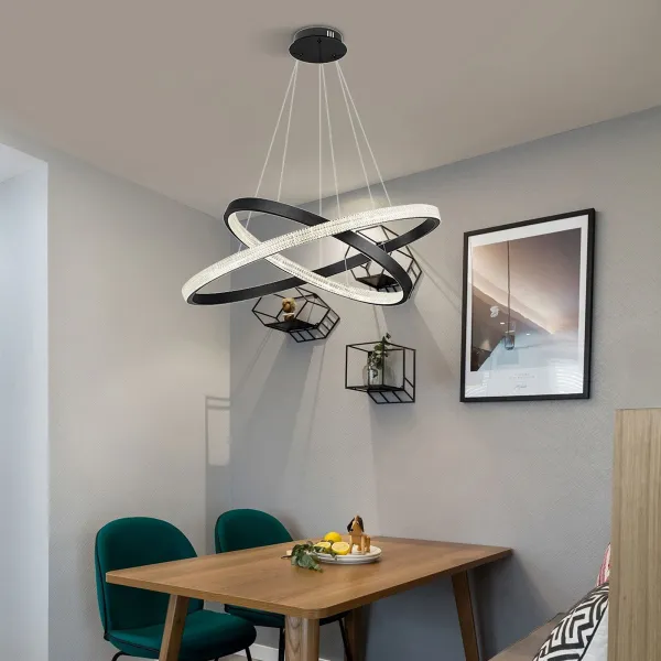 Modern Crystal Chandelier, Two-Ring LED Chandelier Island Light, with 2 Golden Rings, 3000K Suspension Chandelier