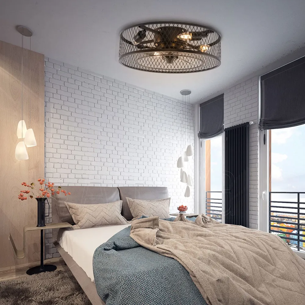 FBA下架 18'' Caged Low Profile Ceiling Fan with Light, 3 Speeds Adjustable, Enclosed Ceiling Fan Lights with Remote(4*E27 bulbs, not included)