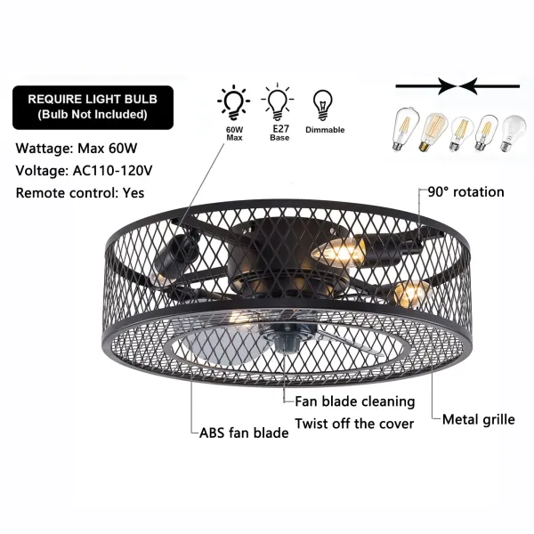 18” Black Caged Ceiling Fan with Lights 3 Speeds Adjustable, Ceiling Fan Lights with Remote (No Bulb)