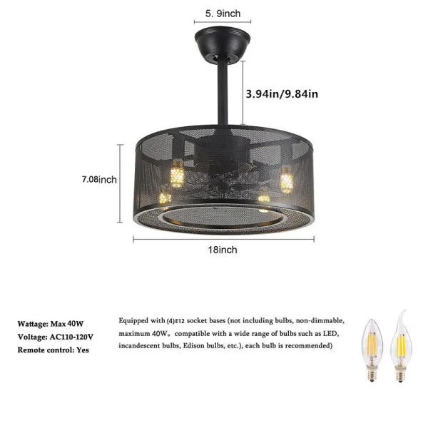18'' Metal Caged Invisible Bladeless Ceiling Fan Light LED Chandelier & Remote
