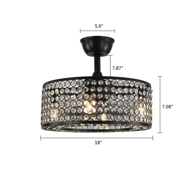 18” Caged Crystal Ceiling Fan with LED Light Remote control, 3-Speed Enclosed Metal Black Industrial Ceiling Fan Downrod Mount