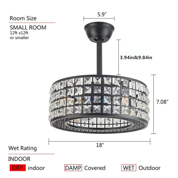 Industrial Ceiling Fan with Lights 18 Inch Black Iron Bladeless Ceiling Fan with Remote