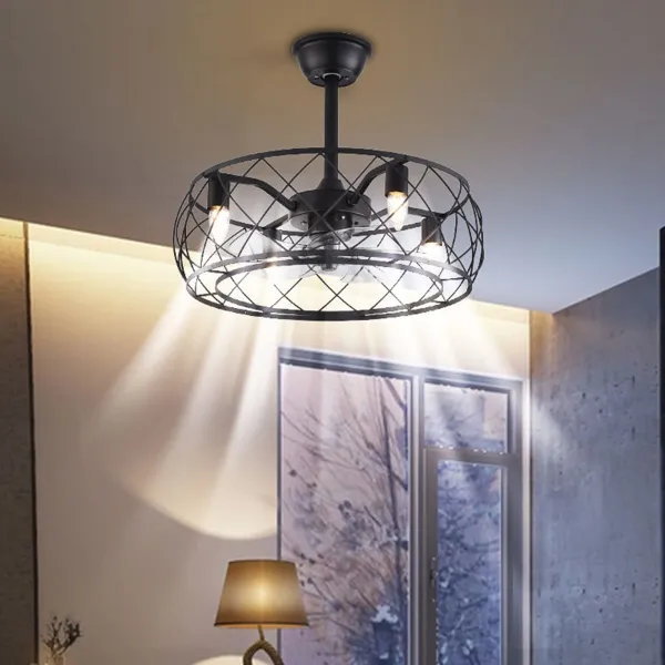 20” Caged Ceiling Fan with Light and Remote,Industrial Bladeless Ceiling Fan Black Enclosed Ceiling Fan Light with Mute Motor
