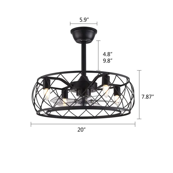 20” Caged Ceiling Fan with Light and Remote,Industrial Bladeless Ceiling Fan Black Enclosed Ceiling Fan Light with Mute Motor