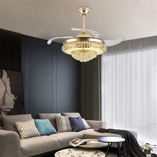 Oukaning 36” Crystal Ceiling Fan with Light, Modern Luxury Dimmable Chandelier Fan with Remote Control (Gold)
