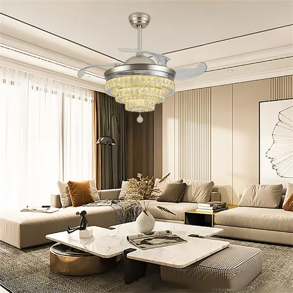 42inch 4 Invisible Retractable Blades Chandelier Fan Smart Timing 3 Color Dimmable Light