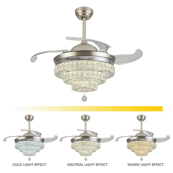 42inch 4 Invisible Retractable Blades Chandelier Fan Smart Timing 3 Color Dimmable Light