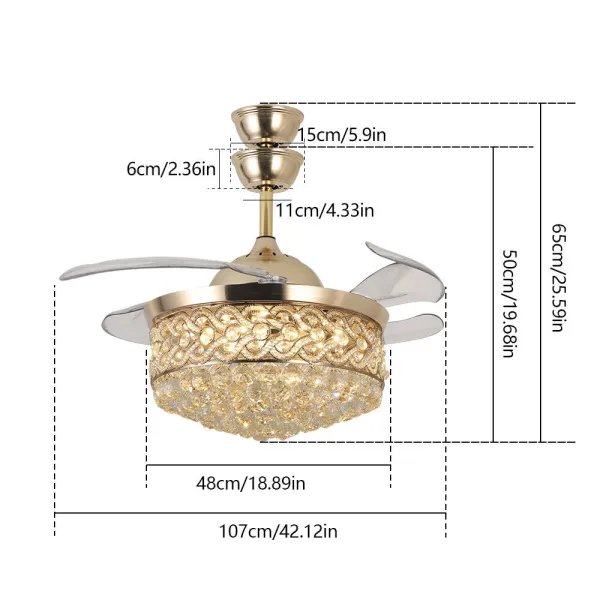 42 in Luxury K9 Crystal Ceiling Fan Lights with Remote Control Modern LED Chandeliers Retractable Blades Ceiling Fans