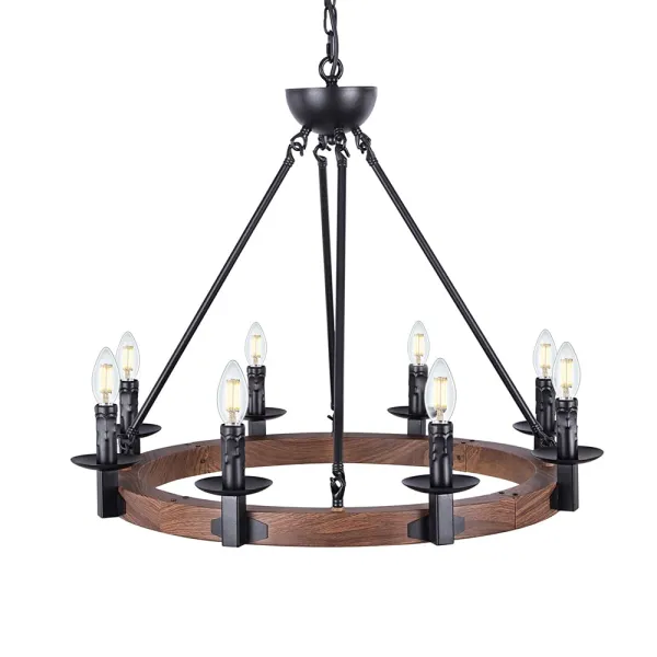 28 Inch Rustic Chandeliers, 8 Lights Farmhouse Iron Chandeliers for Dining Rooms , Wagon Wheel Chandelier Candle Style