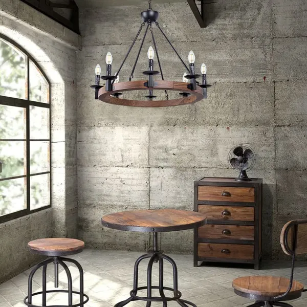 28 Inch Rustic Chandeliers, 8 Lights Farmhouse Iron Chandeliers for Dining Rooms , Wagon Wheel Chandelier Candle Style