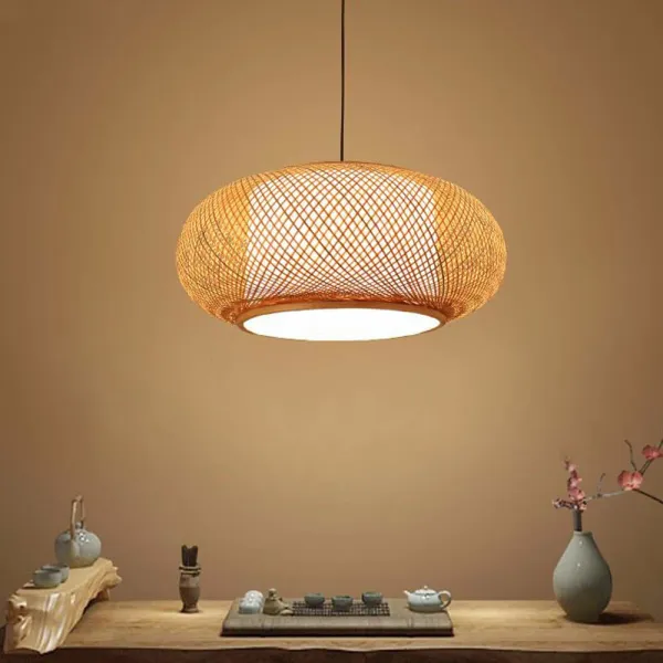 Bamboo Chandelier Wicker Rattan Shade Pendant Light Fixture Asian Hanging Ceiling Lamp Bulb